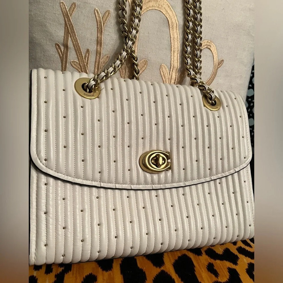 COACH Parker White/Cream Handbag with Quilting & Gold Rivets Shoulder Crossbody - Picture 3 of 16